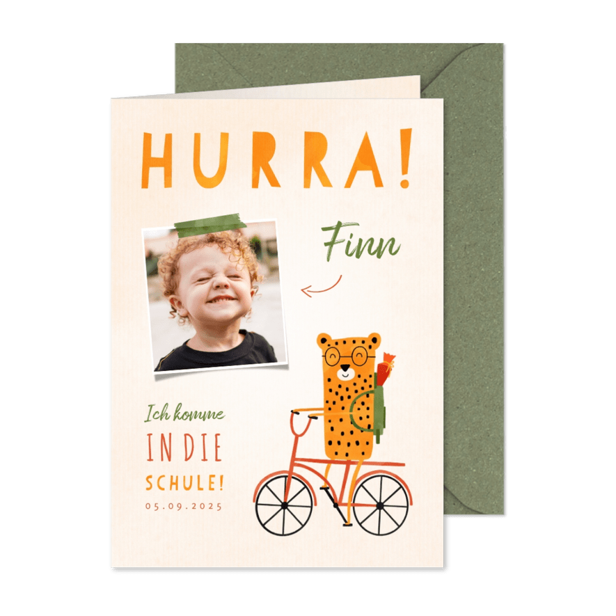 Einladung zur Einschulung rotes Rad mit Leopard - Karteneindruck