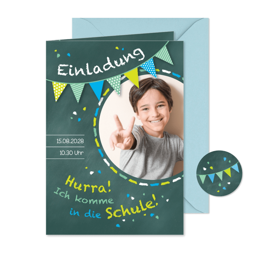 Einladung zur Einschulung Schultafel grünblau und Foto - Karteneindruck