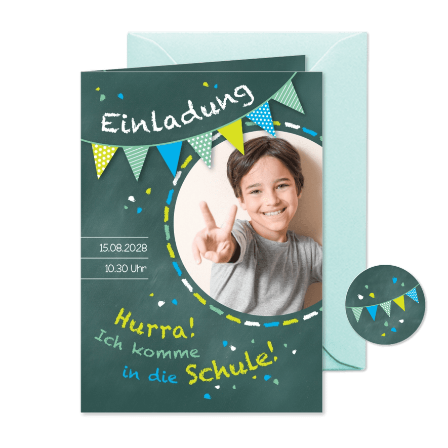 Einladung zur Einschulung Schultafel grünblau und Foto - Karteneindruck
