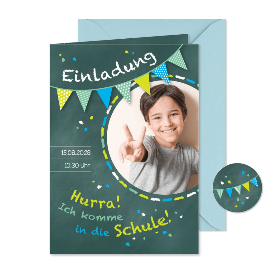 Einladung zur Einschulung Schultafel grünblau und Foto - Karteneindruck