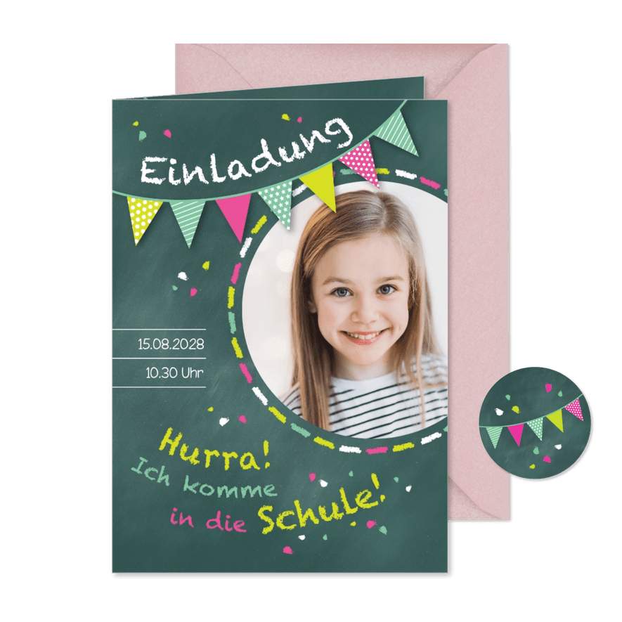 Einladung zur Einschulung Schultafel grünrosa und Foto - Karteneindruck