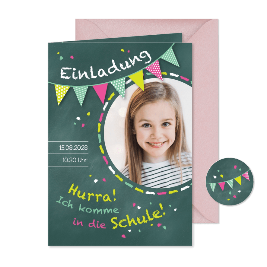 Einladung zur Einschulung Schultafel grünrosa und Foto - Karteneindruck