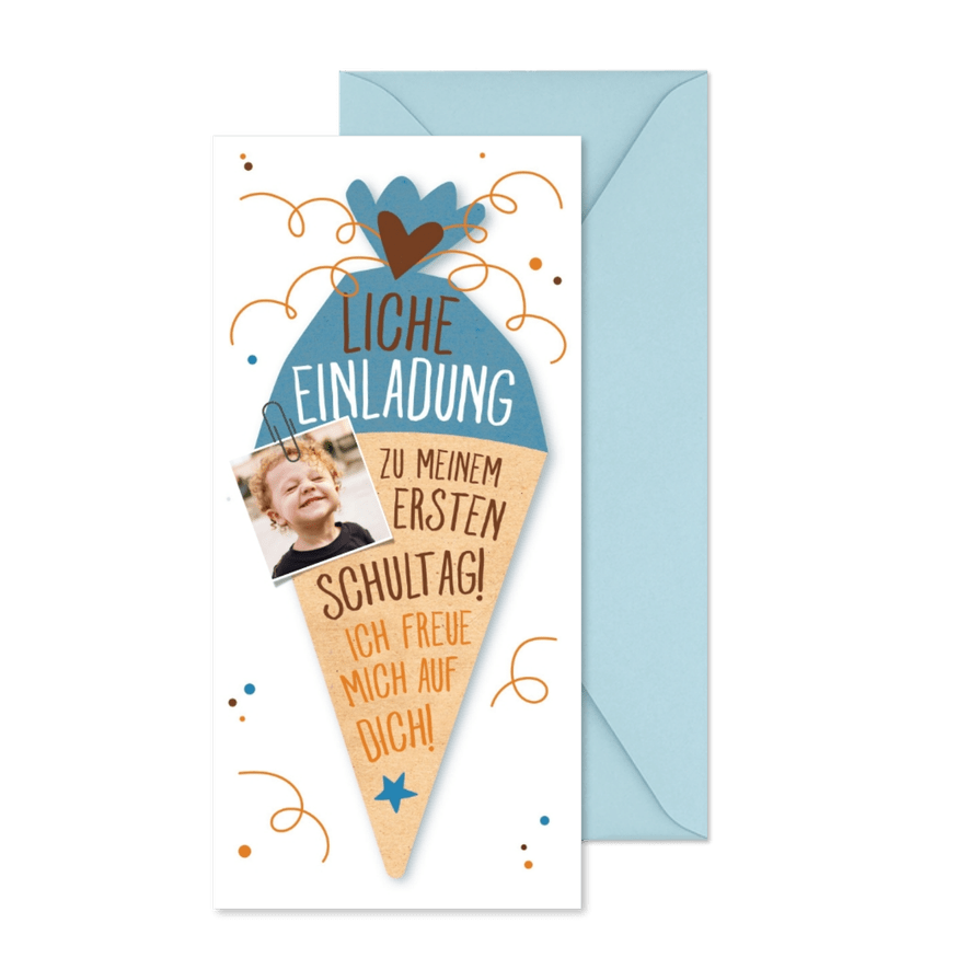 Einladung zur Einschulung Schultüte blau & eigenes Foto - Karteneindruck
