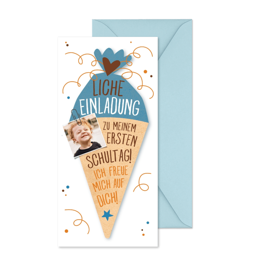 Einladung zur Einschulung Schultüte blau & eigenes Foto - Karteneindruck
