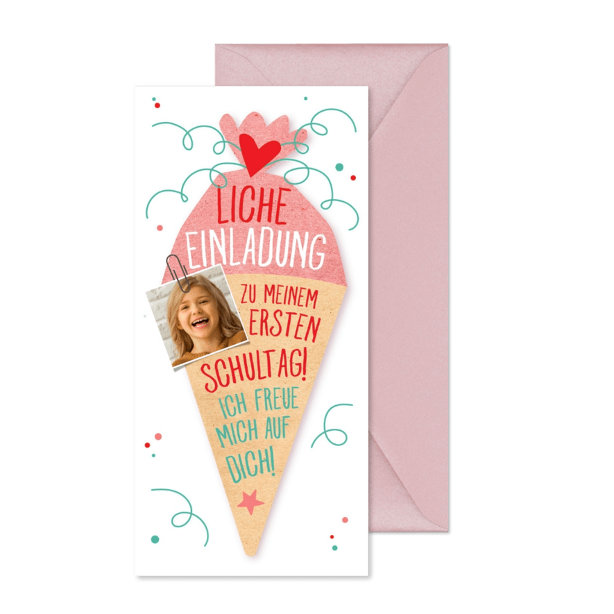 Einladung zur Einschulung Schultüte rosa & eigenes Foto - Karteneindruck
