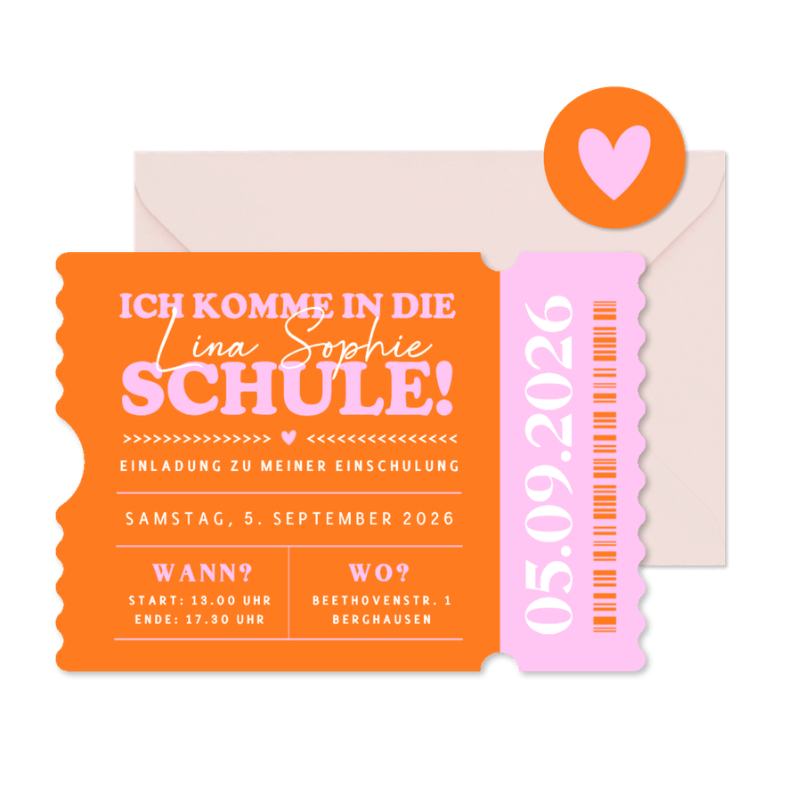 Einladung zur Einschulung Ticket Colourblocking pink-orange - Kartenvorschau
