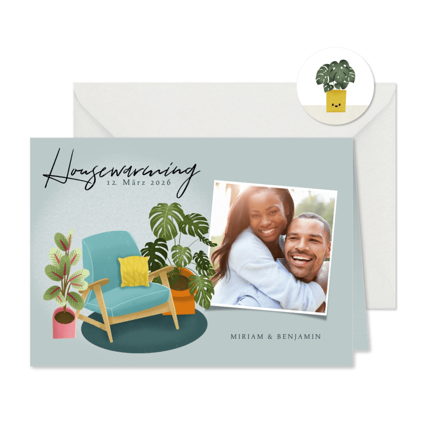Einladung zur Einweihung mit Foto und Pflanzen - Karteneindruck
