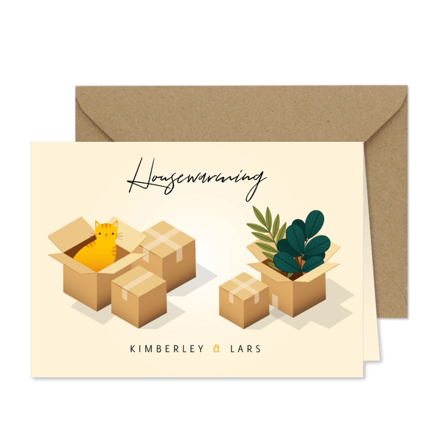 Einladung zur Einweihung mit Kartons, Katze und Blumen - Karteneindruck