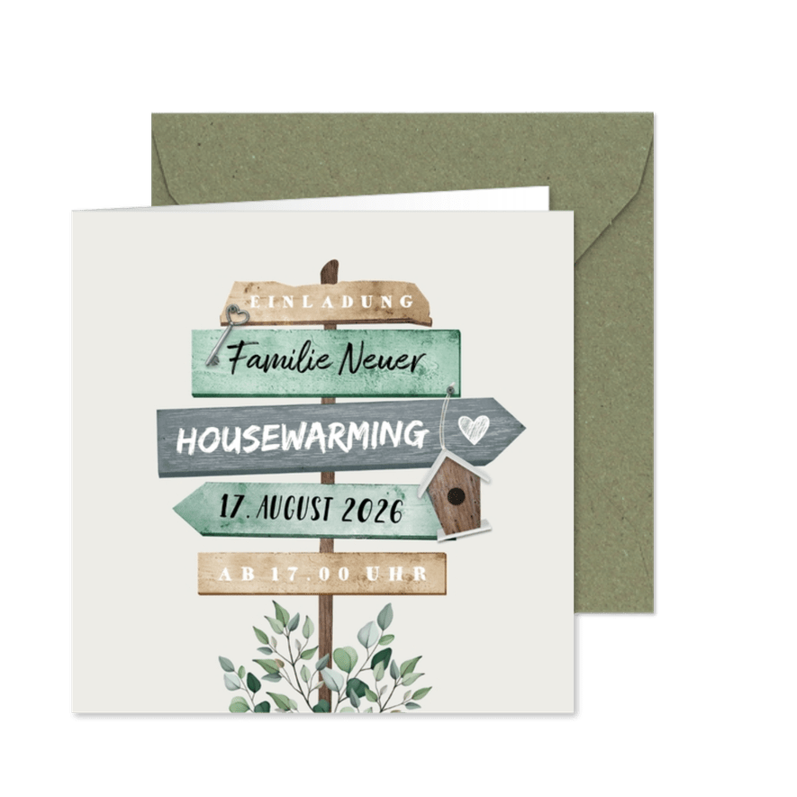 Einladung zur Einweihung mit Wegweiser Holz - Karteneindruck
