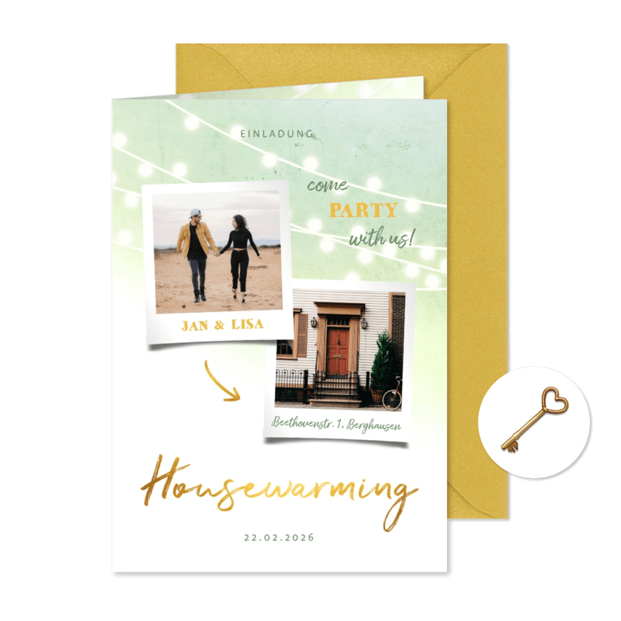 Einladung zur Einweihungsparty mit Fotos - Karteneindruck
