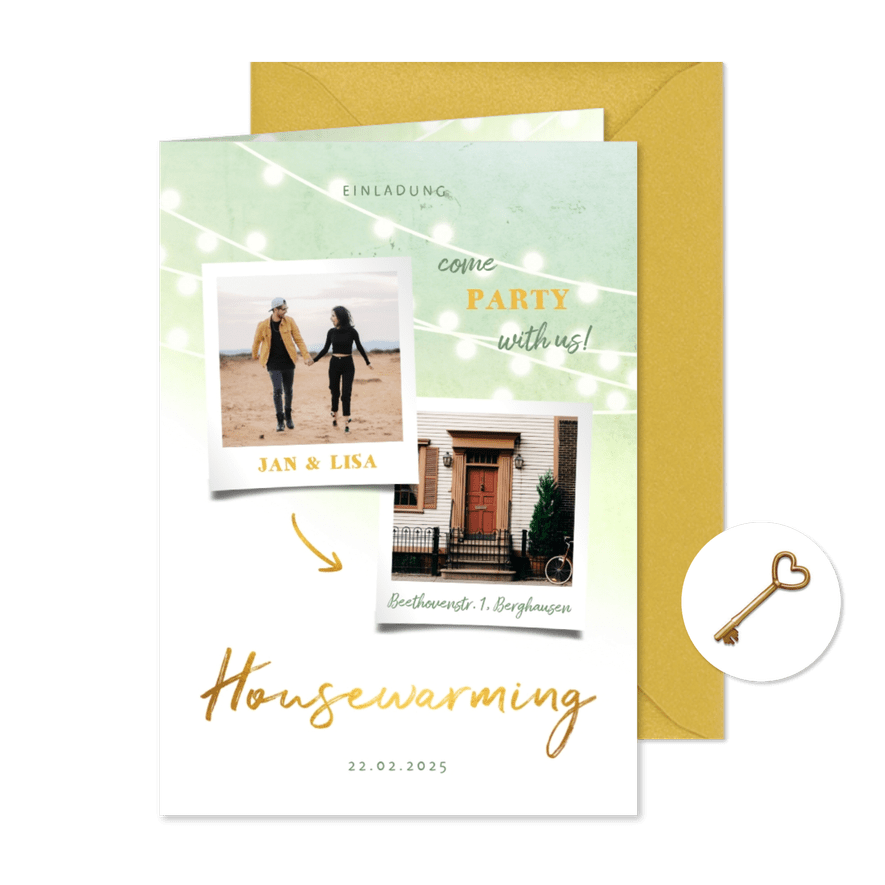 Einladung zur Einweihungsparty mit Fotos - Karteneindruck
