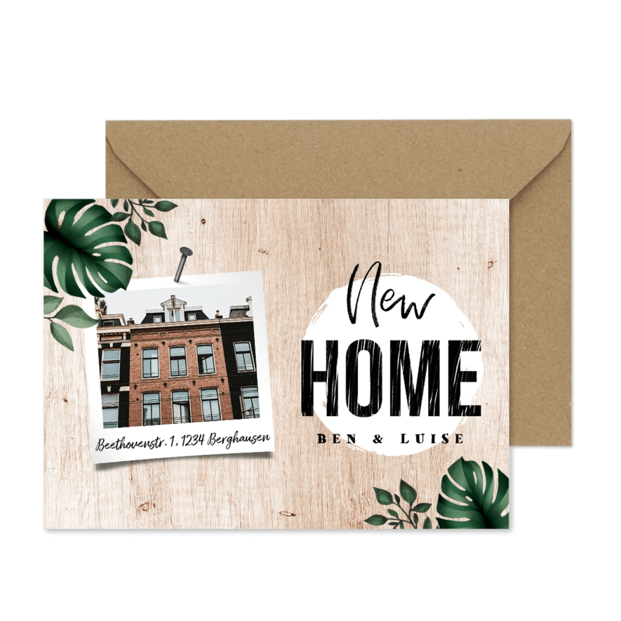 Einladung zur Einweihungsparty 'new home' Holzlook - Karteneindruck
