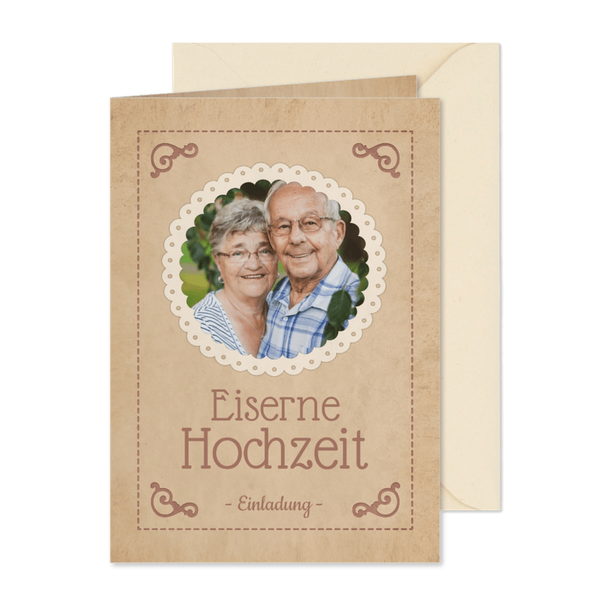 Einladung zur eisernen Hochzeit in Vintage-Look - Karteneindruck
