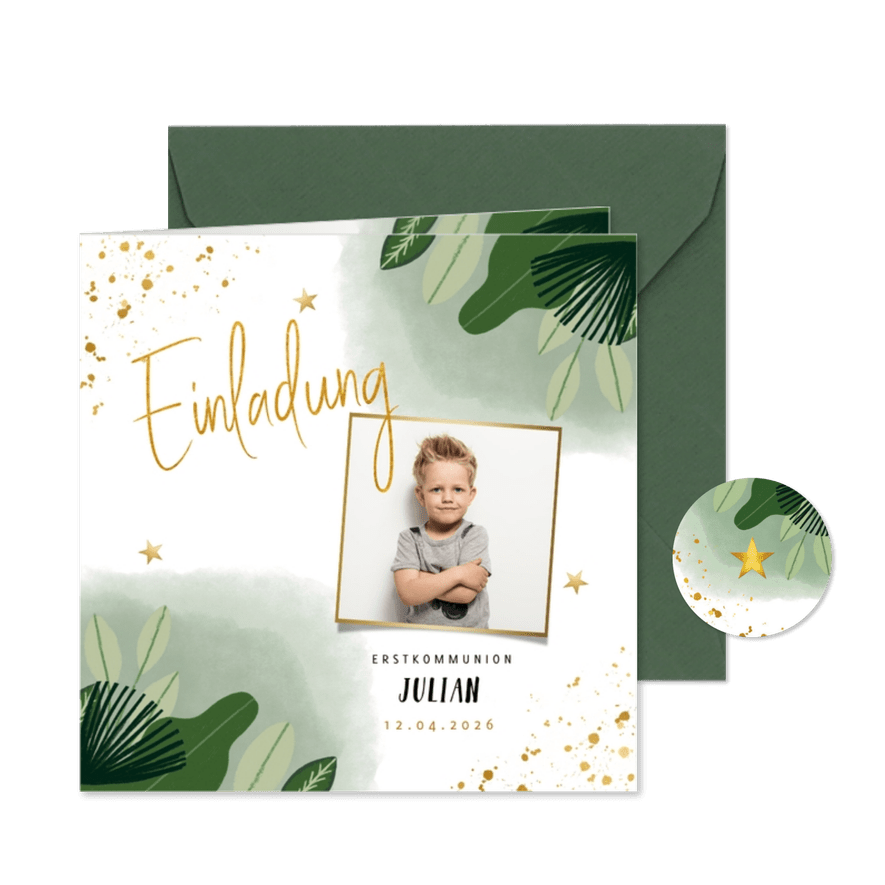 Einladung zur Erstkommunion botanisch mit Foto - Karteneindruck