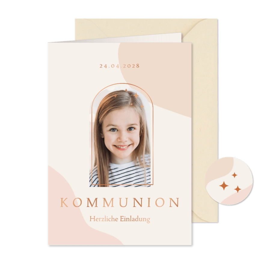 Einladung zur Erstkommunion mit Formen, Fotos & Kupferdruck - Karteneindruck
