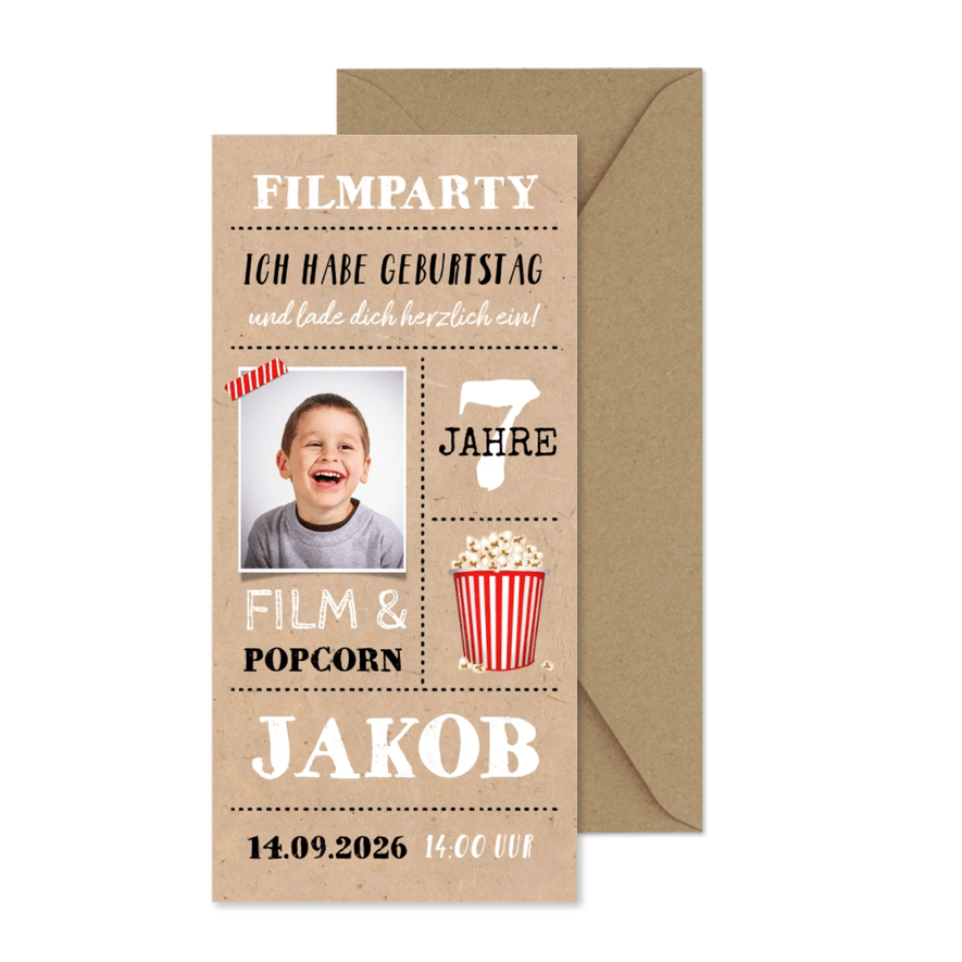 Einladung zur Filmparty mit Foto 7. Geburtstag - Karteneindruck

