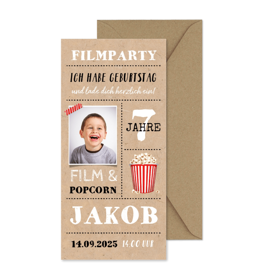 Einladung zur Filmparty mit Foto 7. Geburtstag - Karteneindruck