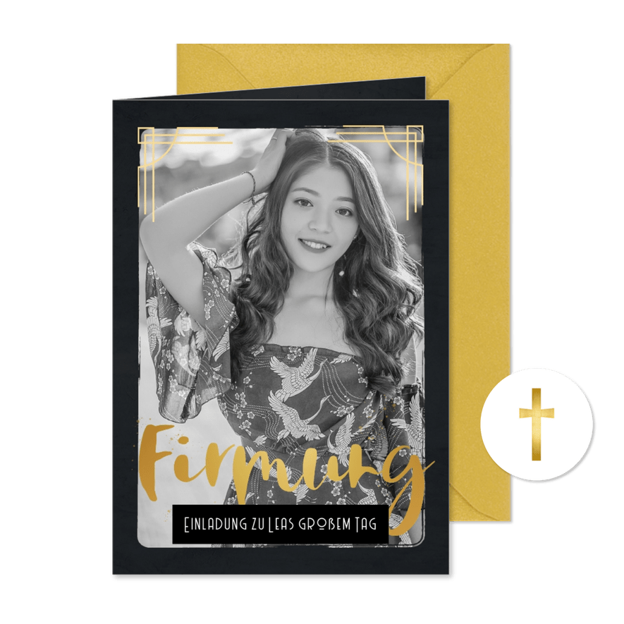 Einladung zur Firmung Art Deco mit Foto - Karteneindruck
