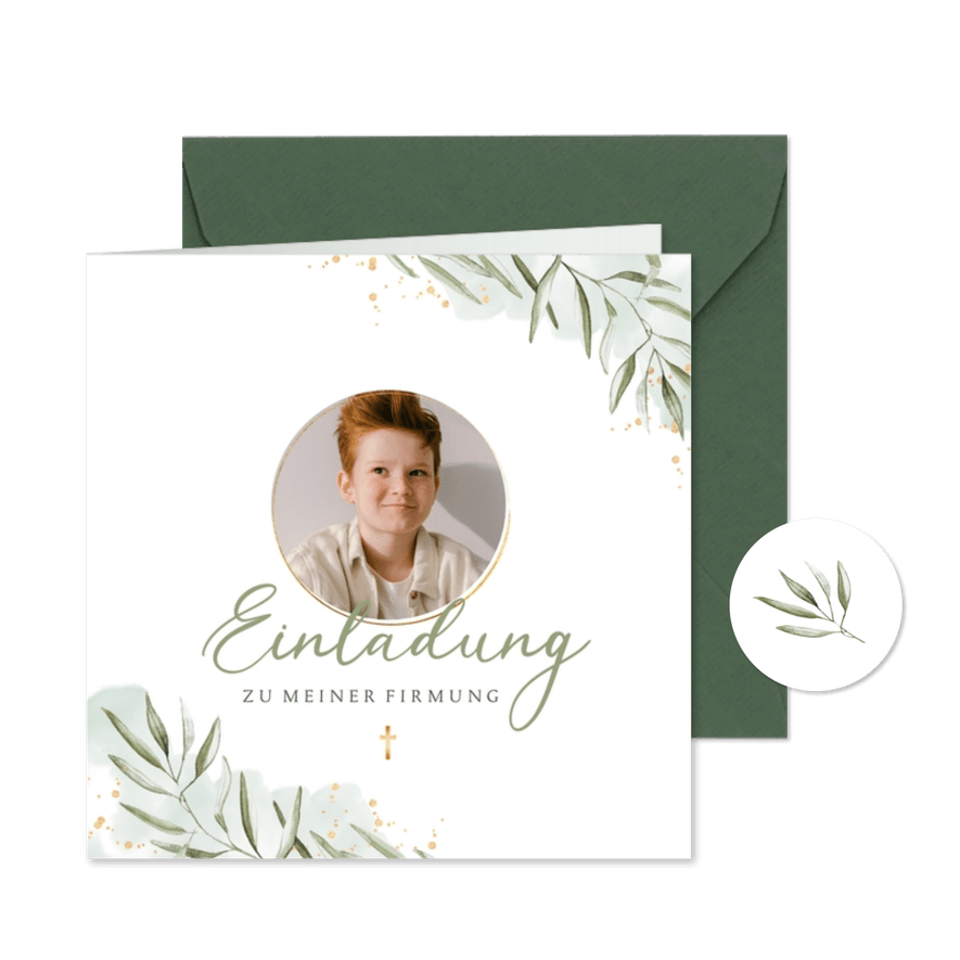 Einladung zur Firmung Foto & Aquarellzweige - Karteneindruck
