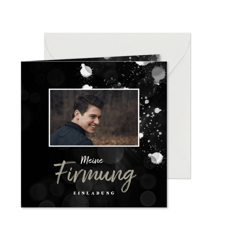 Einladung zur Firmung Foto und Farbspritzer - Karteneindruck
