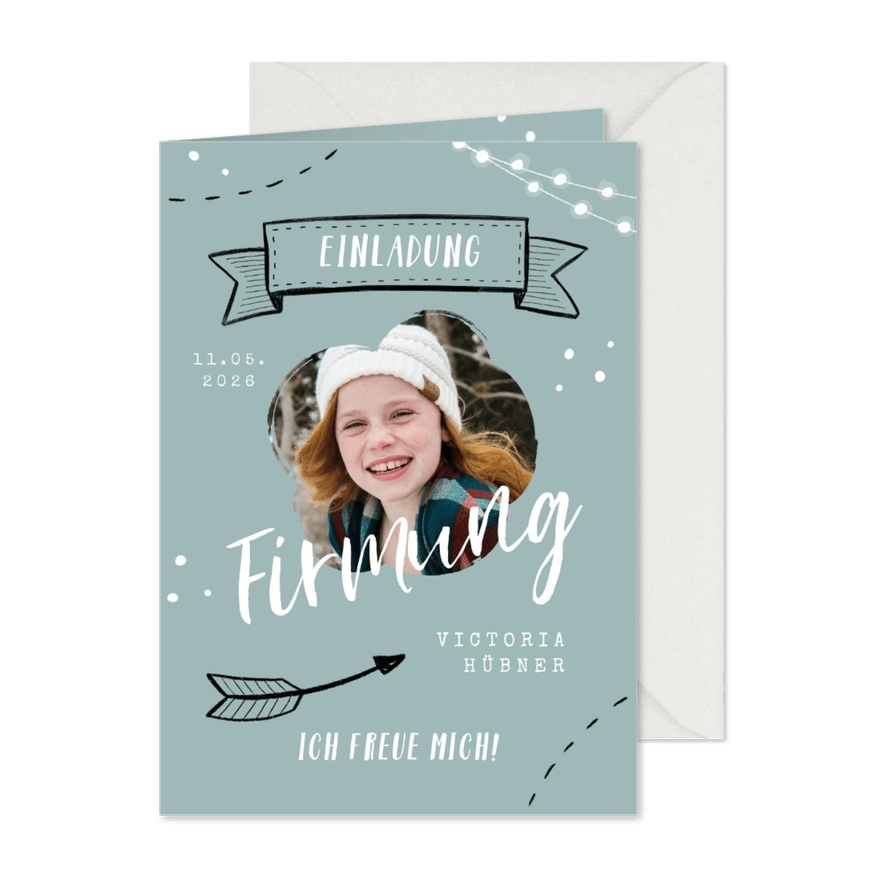 Einladung zur Firmung Foto und Scribble blau - Karteneindruck
