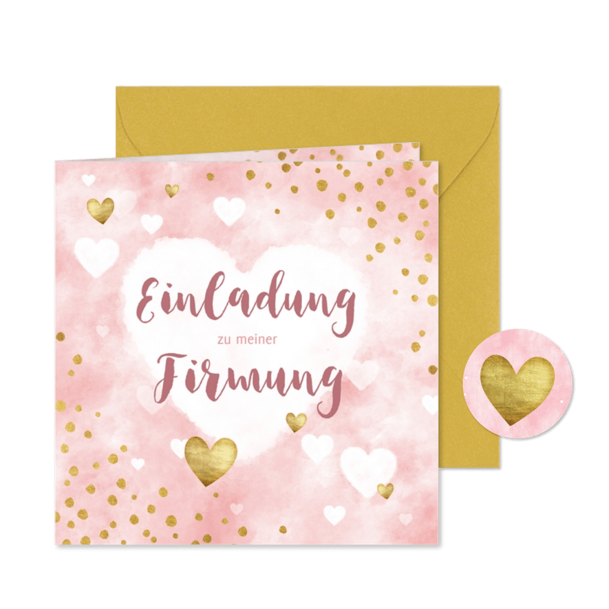 Einladung zur Firmung Wasserfarbe, Herzen & Konfetti - Karteneindruck
