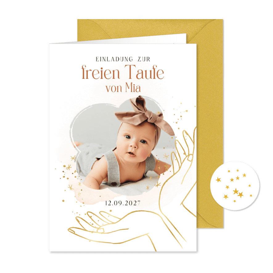 Einladung zur freien Taufe Foto & Hände - Karteneindruck
