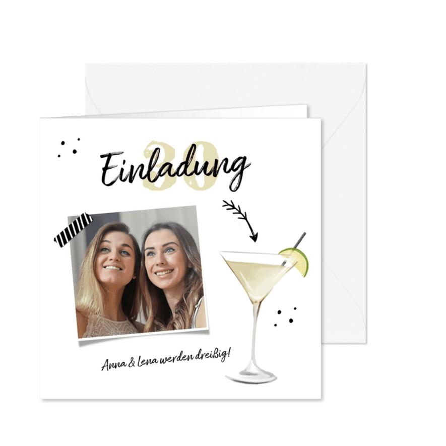 Einladung zur Geburtstagsparty Foto und Cocktailglas - Karteneindruck
