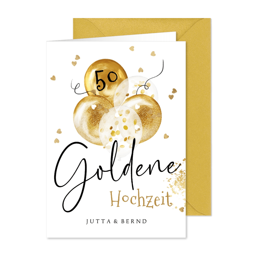 Einladung zur Goldenen Hochzeit goldene Luftballons - Karteneindruck
