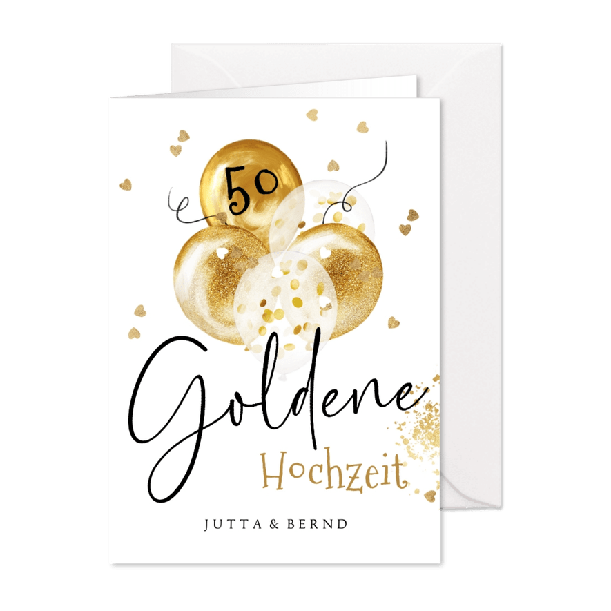 Einladung zur Goldenen Hochzeit goldene Luftballons - Karteneindruck
