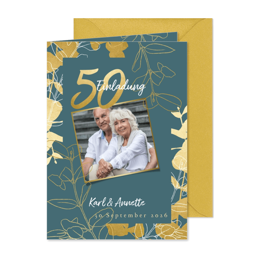 Einladung zur goldenen Hochzeit Goldzweige Foto - Kartenvorschau