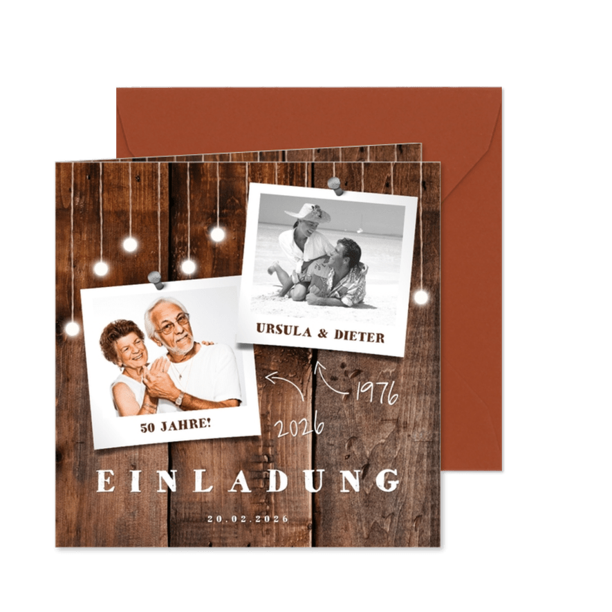 Einladung zur goldenen Hochzeit Holz mit Fotos - Karteneindruck
