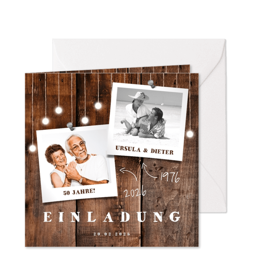 Einladung zur goldenen Hochzeit Holz mit Fotos - Karteneindruck
