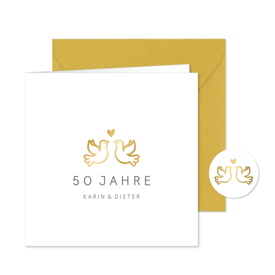 Einladung zur goldenen Hochzeit mit Tauben gold - Kartenvorschau
