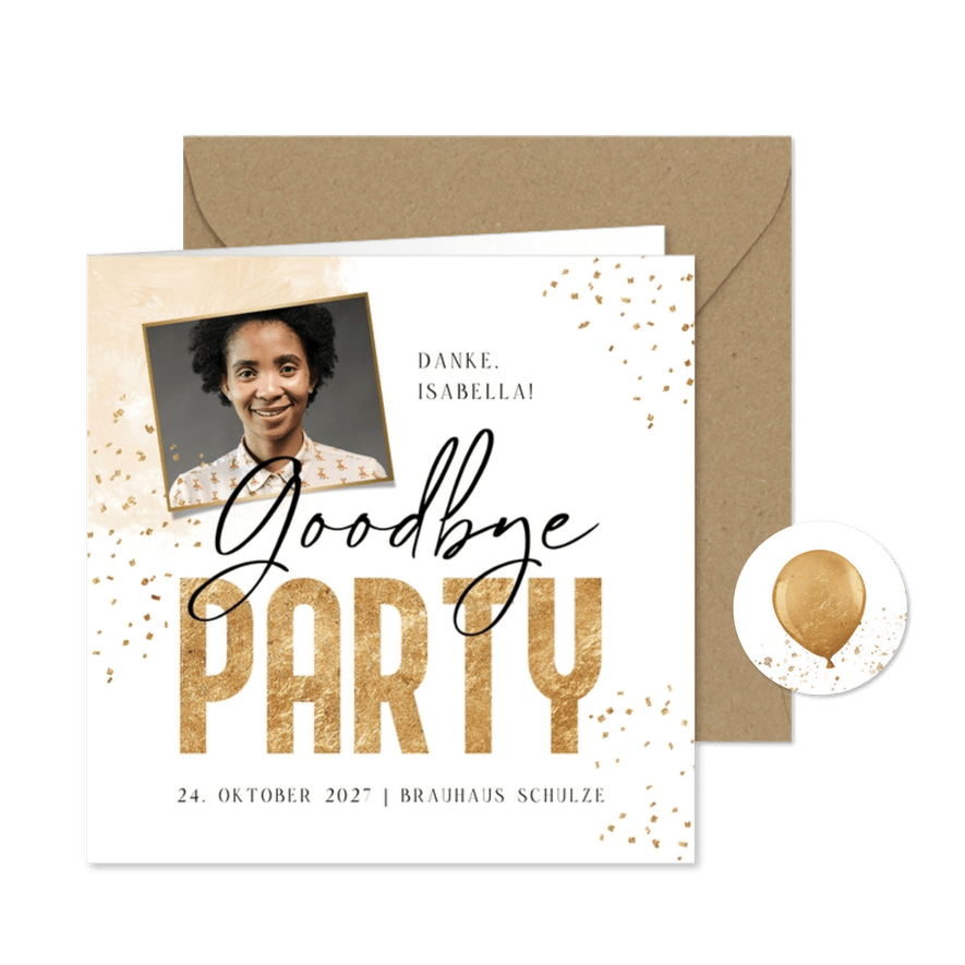 Einladung zur Goodbye-Party mit Foto - Karteneindruck