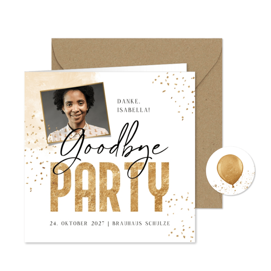 Einladung zur Goodbye-Party mit Foto - Karteneindruck