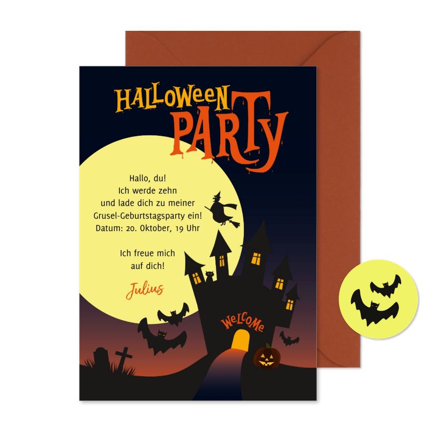 Einladung zur Halloween-Party für Kinder Geisterhaus - Kartenvorschau