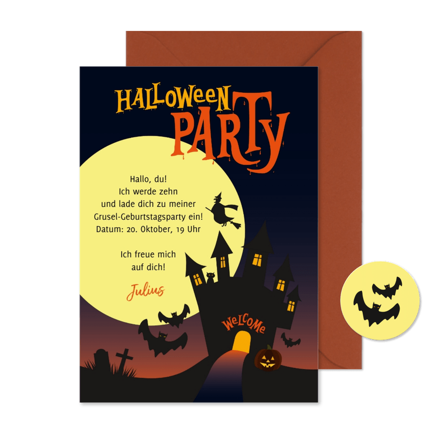 Einladung zur Halloween-Party für Kinder Geisterhaus - Karteneindruck
