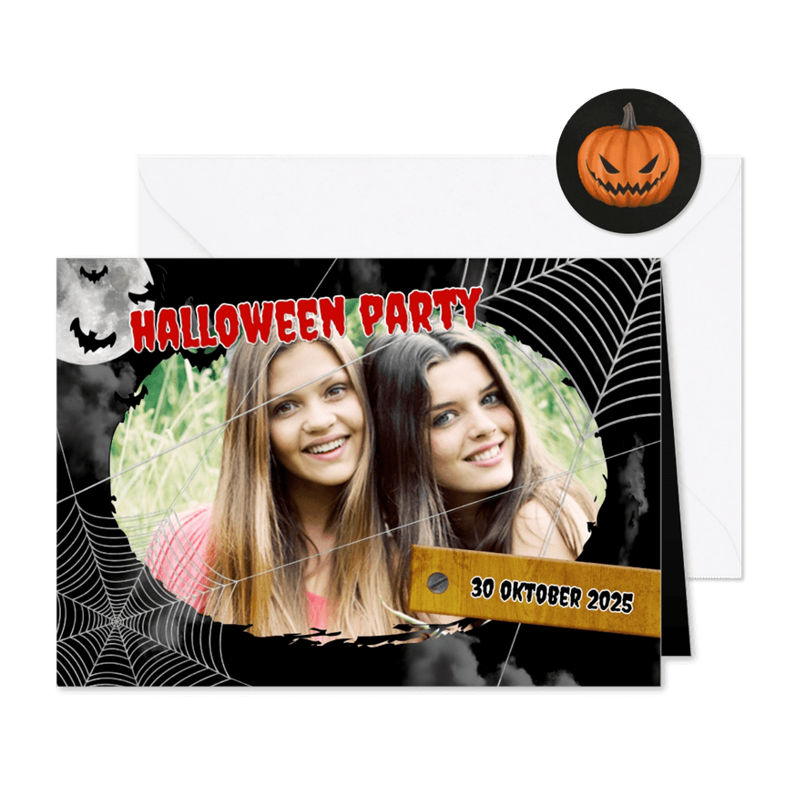Einladung zur Halloweenparty Spinnennetz & Foto - Karteneindruck