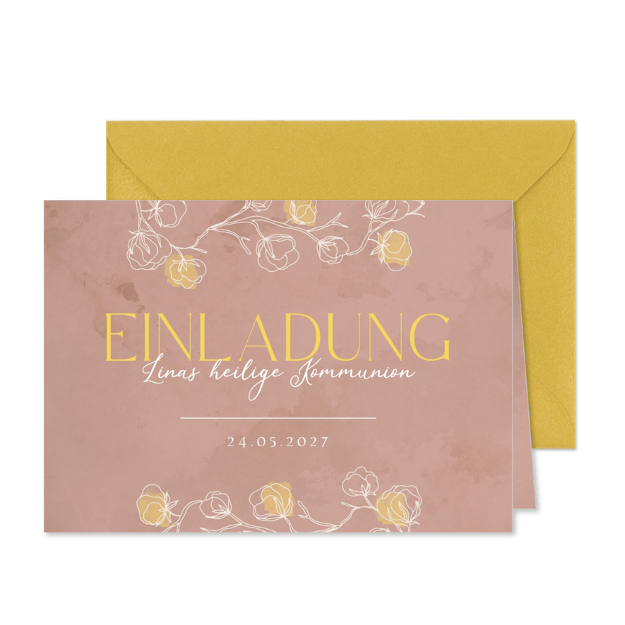 Einladung zur heiligen Kommunion mit Rosen und Klecksen - Karteneindruck
