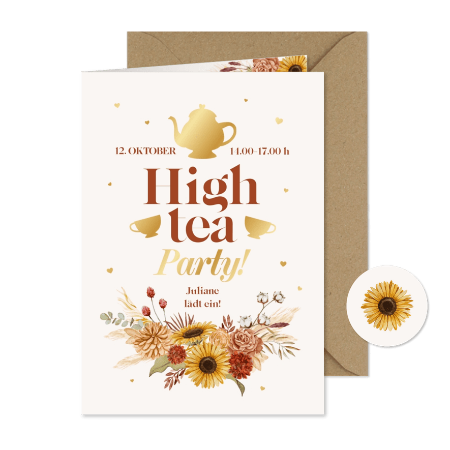 Einladung zur High-Tea-Party Sommerblumen - Karteneindruck
