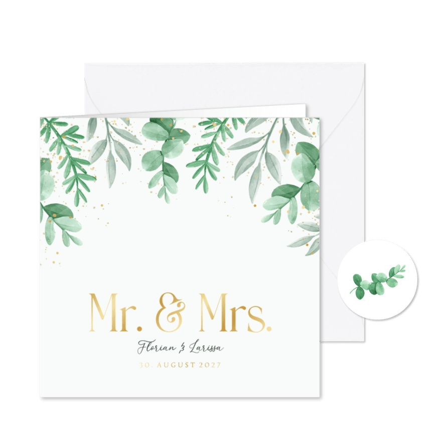 Einladung zur Hochzeit Blattgrün & Text in Gold - Kartenvorschau
