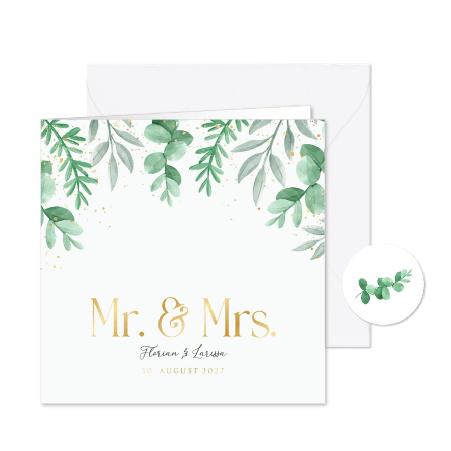Einladung zur Hochzeit Blattgrün & Text in Gold - Karteneindruck