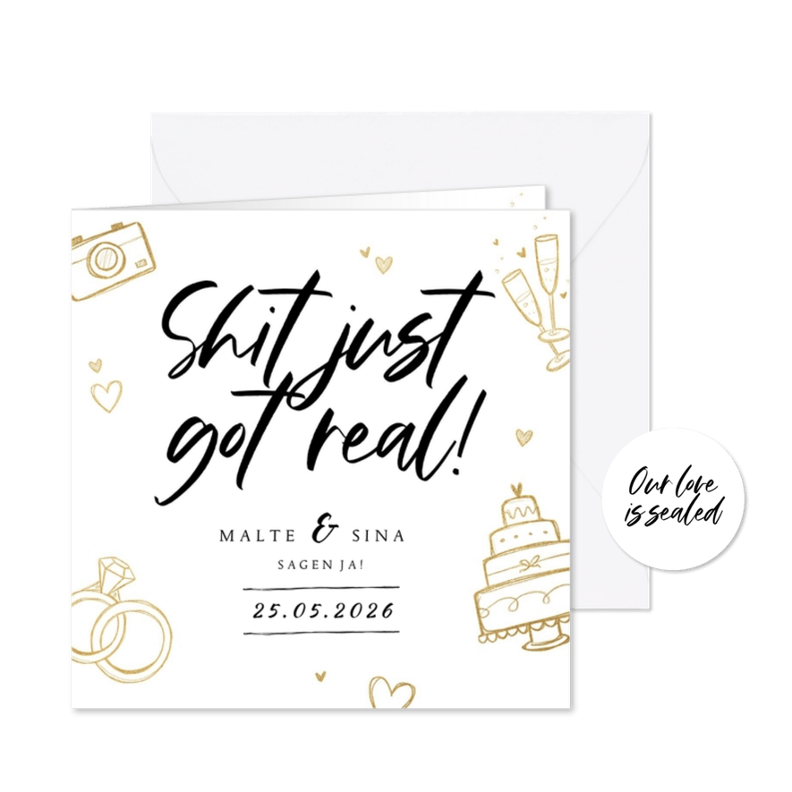 Einladung zur Hochzeit Doodles 'Shit just got real' - Kartenvorschau
