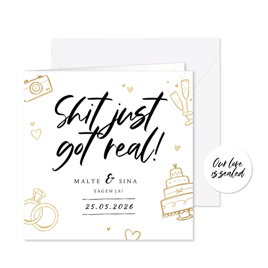 Einladung zur Hochzeit Doodles 'Shit just got real' - Karteneindruck

