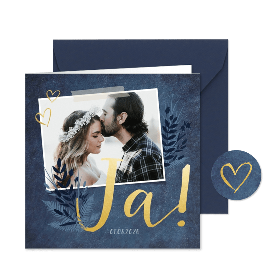 Einladung zur Hochzeit dunkelblau mit Foto und Pflanzen - Karteneindruck
