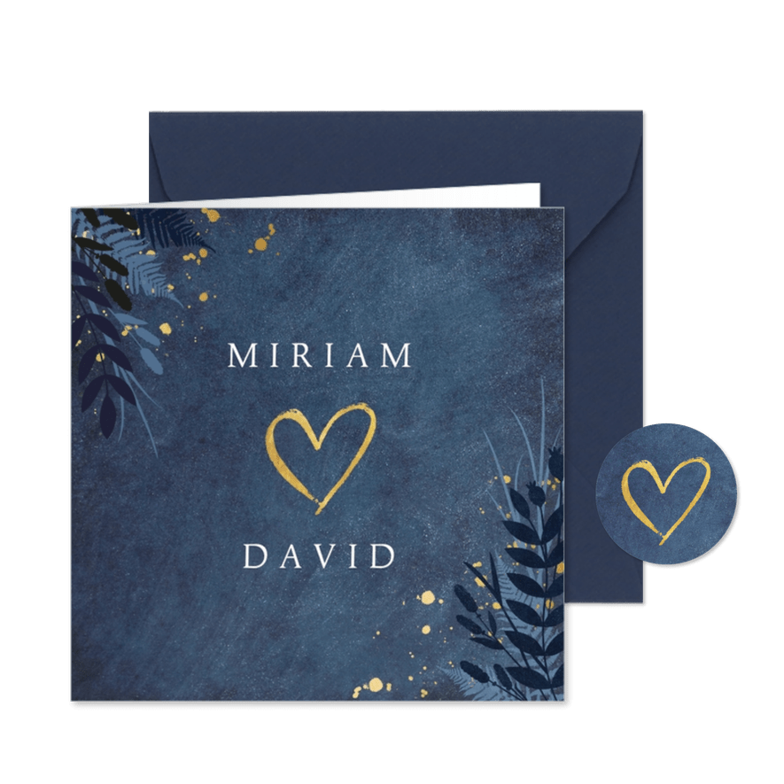 Einladung zur Hochzeit dunkelblau mit Herz und Pflanzen - Karteneindruck