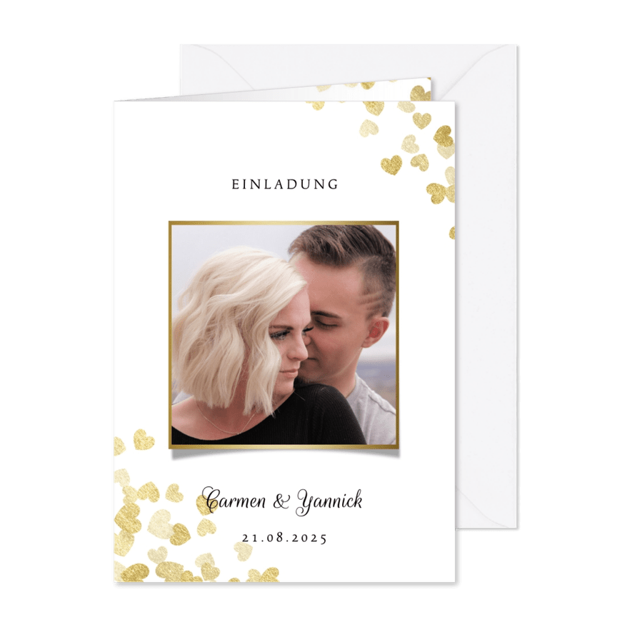Einladung zur Hochzeit Goldene Herzen - Karteneindruck
