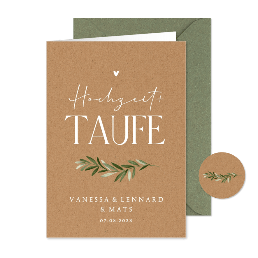 Einladung zur Hochzeit mit Taufe Zweig auf Kraftpapier - Karteneindruck
