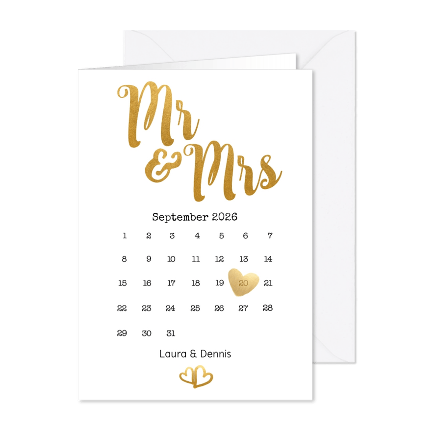 Einladung zur Hochzeit Mr. & Mrs. Buchstaben in Goldlook - Kartenvorschau
